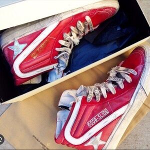 Golden Goose Red Slide Shoes With Gingham Lace